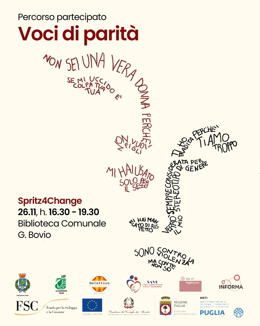 Mercoledì 26 Novembre 2025 dalle 16:30 alle 19:30, in occasione della Giornata internazionale per l'eliminazione della violenza contro le donne, Legambiente Trani APS organizza l'incontro “Voci di parità” nelle sale Maffuccini e Lab della Biblioteca Comunale Giovanni Bovio di Trani.