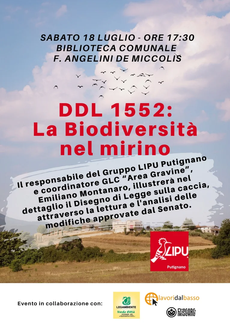 Sabato 18 Luglio 2026 alle 17:30, Legambiente Circolo Verde Città, in collaborazione con Gruppo LIPU Putignano, Prisciarci APS e Lavori dal basso - APS, organizza l’incontro pubblico “Ddl 1552: la biodiversità nel mirino”, presso la Biblioteca comunale F. Angelini De Miccolis di Putignano