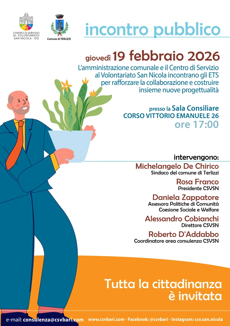 Giovedì 19 Febbraio 2026 alle 17:00, il Comune di Terlizzi e il Centro di Servizio al Volontariato San Nicola ETS organizzano un incontro pubblico con gli Enti del Terzo Settore del territorio, presso la Sala Consiliare del Comune in corso Vittorio Emanuele 26.