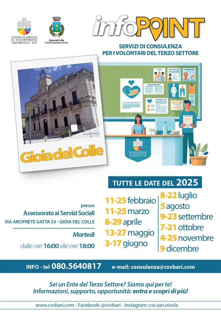 Nello Sportello per il Volontariato di Gioia del Colle, presso l'Assessorato ai Servizi Sociali in via Arciprete Gatta 33, il Centro di Servizio al Volontariato San Nicola ETS offre assistenza tecnica e accompagnamento fornendo gratuitamente servizi di consulenza “Legale” (adeguamento degli statuti e conformità normativa, assistenza su questioni giuridiche, governance, compliance e gestione di controversie); “Runts” (accompagnamento nelle procedure di iscrizione al Registro Unico Nazionale del Terzo Settore, supervisione della documentazione necessaria, gestione delle pratiche per il mantenimento della posizione, supporto per la trasmigrazione di enti già esistenti e assistenza nelle pratiche di cancellazione).