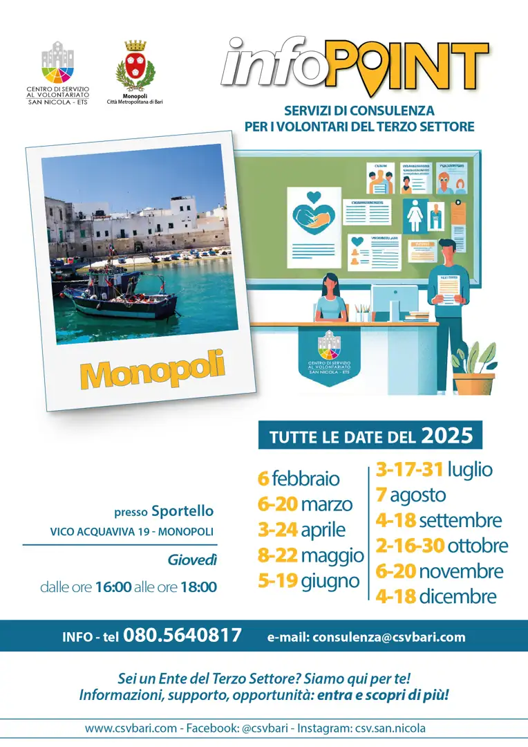 Nello Sportello per il Volontariato di Monopoli, presso il Municipio in vico Acquaviva 19, il Centro di Servizio al Volontariato San Nicola ETS offre assistenza tecnica e accompagnamento fornendo gratuitamente servizi di consulenza “Legale” (adeguamento degli statuti e conformità normativa, assistenza su questioni giuridiche, governance, compliance e gestione di controversie).