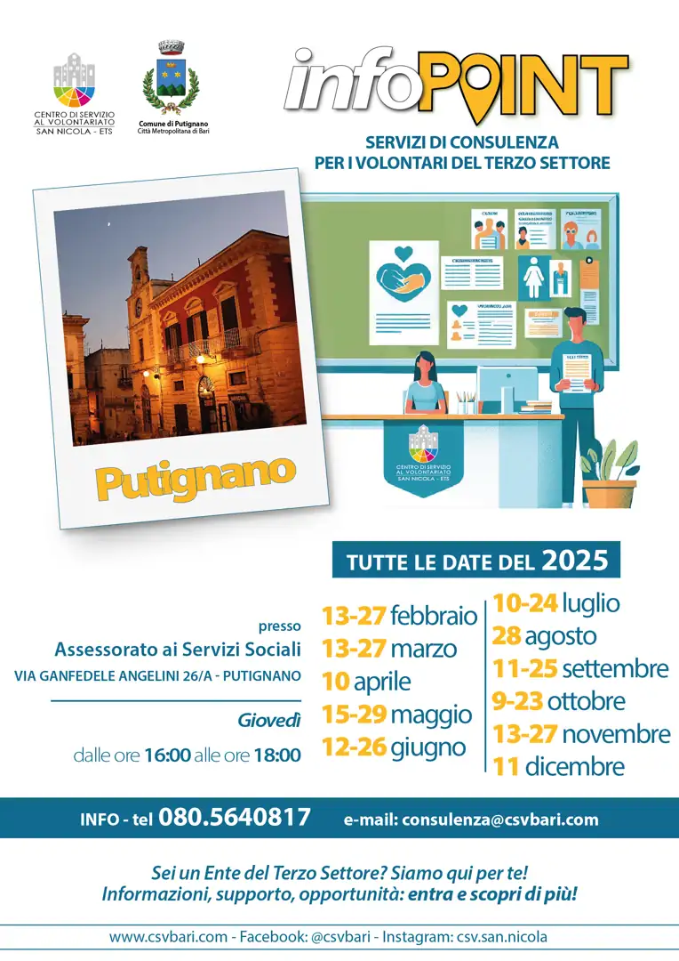 Nello Sportello per il Volontariato di Putignano, presso i Servizi Sociali in via Gianfedele Angelini 26/A, il Centro di Servizio al Volontariato San Nicola ETS offre assistenza tecnica e accompagnamento fornendo gratuitamente servizi di consulenza “Legale” (adeguamento degli statuti e conformità normativa, assistenza su questioni giuridiche, governance, compliance e gestione di controversie).