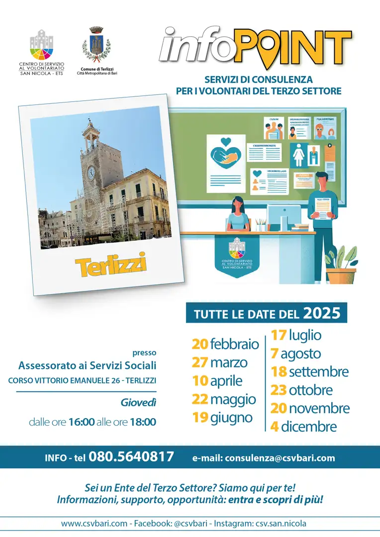 Nello Sportello per il Volontariato di Terlizzi, presso l'Assessorato ai Servizi Sociali in corso Vittorio Emanuele 26, il Centro di Servizio al Volontariato San Nicola ETS offre assistenza tecnica e accompagnamento fornendo gratuitamente servizi di consulenza “Legale” (adeguamento degli statuti e conformità normativa, assistenza su questioni giuridiche, governance, compliance e gestione di controversie); “Runts” (accompagnamento nelle procedure di iscrizione al Registro Unico Nazionale del Terzo Settore, supervisione della documentazione necessaria, gestione delle pratiche per il mantenimento della posizione, supporto per la trasmigrazione di enti già esistenti e assistenza nelle pratiche di cancellazione).
