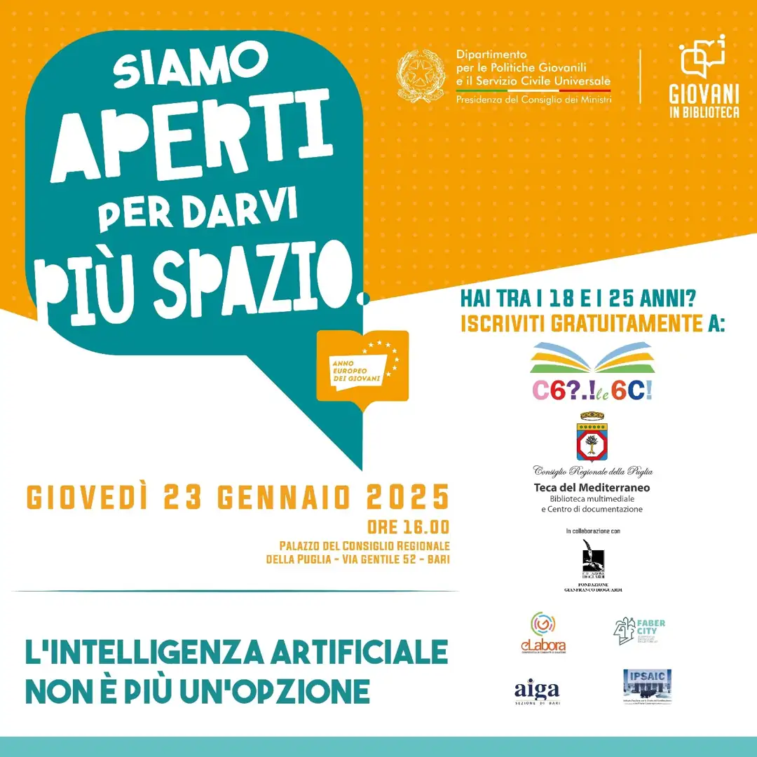 Giovedì 23 Gennaio 2025 alle 16:00, nella Teca del Mediterraneo - Biblioteca del Consiglio regionale della Puglia, si tiene “L’intelligenza artificiale non è più un’opzione”, in via Gentile 52 a Bari.