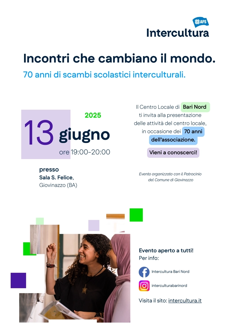 Venerdì 13 Giugno 2025 alle 19:00, il Centro Locale Bari Nord di Intercultura OdV organizza l'evento “Incontri che cambiano il mondo. 70 anni di scambi scolastici interculturali” per festeggiare i 70 anni dell'associazione, presso Sala San Felice a Giovinazzo. Con il Patrocinio del Comune di Giovinazzo.