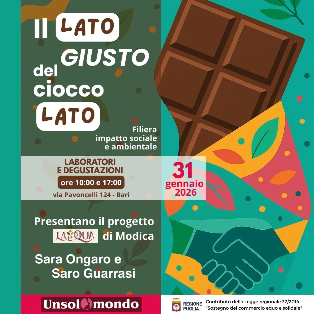 Sabato 31 Gennaio 2026 alle 10:00, la Cooperativa Sociale Unsolomondo ospita il laboratorio gustativo-sensoriale “Il lato giusto del cioccolato”, a cura dei produttori del cioccolato di Modica di “LAeQUA”, in via Pavoncelli 124 a Bari.