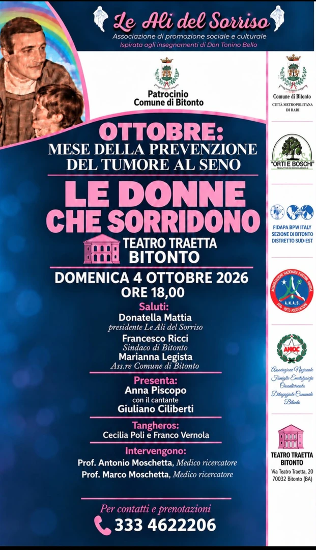 Locandina di “Le donne che sorridono”, iniziativa dedicata alla prevenzione del tumore al seno in programma domenica 4 Ottobre 2026 alle 18:00 al Teatro Traetta di Bitonto, con interventi scientifici, musica e tango.