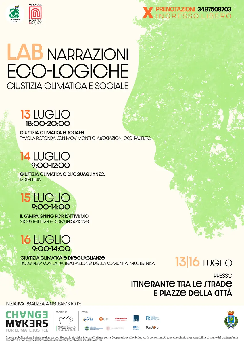 Dal 13 al 16 Luglio 2024, Legambiente Trani promuove le prime attività previste dal progetto “Narrazioni Eco-Logiche – giustizia climatica e sociale”, presso i giardini dell’Ex Ospedaletto (Caffè Corsaro) in via Baldassarre e presso gli spazi di Hub Porta Nova in via Nigrò 18 a Trani. Laboratorio di contronarrativa itinerante, con la collaborazione di associazioni Eco-Pacifiste tra cui Fridays For Future Bari.