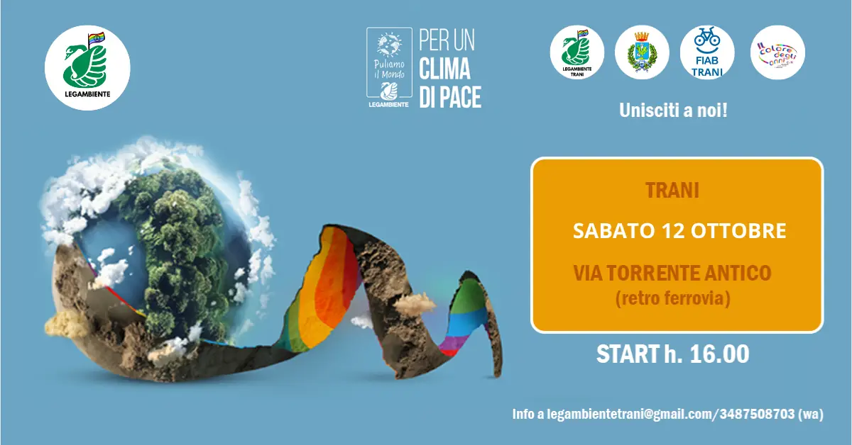 L'iniziativa annullata a Settembre a causa del maltempo è stato riprogrammata per sabato 12 Ottobre 2024 alle 16:00. In occasione della 32ª edizione della campagna nazionale “Puliamo il mondo”, Legambiente Trani APS invita la cittadinanza a un'attività di clean-up nel centro cittadino di Trani, presso via Torrente Antico (retro della Ferrovia). Le attività organizzate dal gruppo giovanile di Legambiente saranno svolte in sicurezza e sono adatte al coinvolgimento di bambin* e ragazz*. In collaborazione con Il Colore degli Anni, Fiab Trani e con il supporto logistico di AMIU Trani.