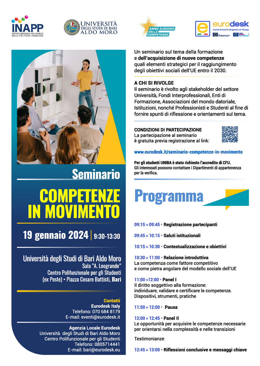 Locandina Competenze in movimento UNIBA obiettivi sociali UE 2030