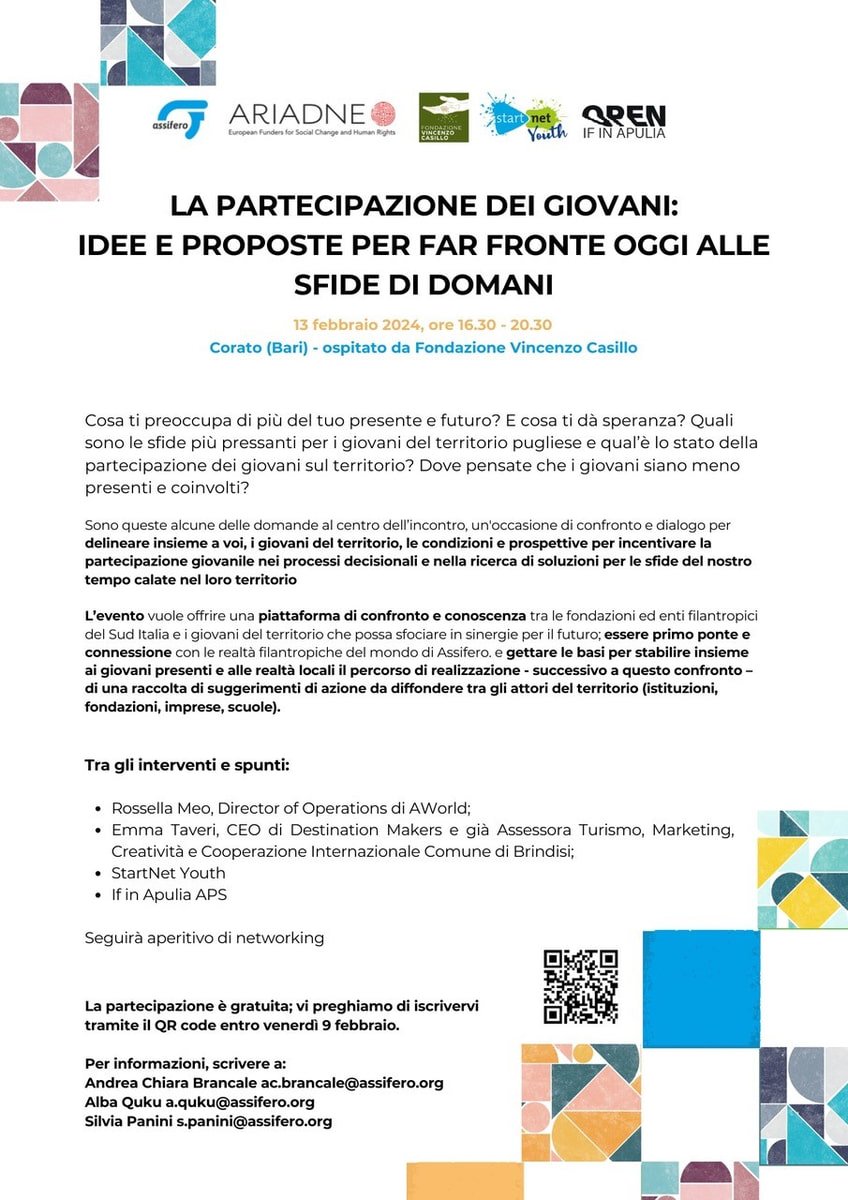 Locandina Fondazione Vincenzo Casillo Assifero partecipazione giovani