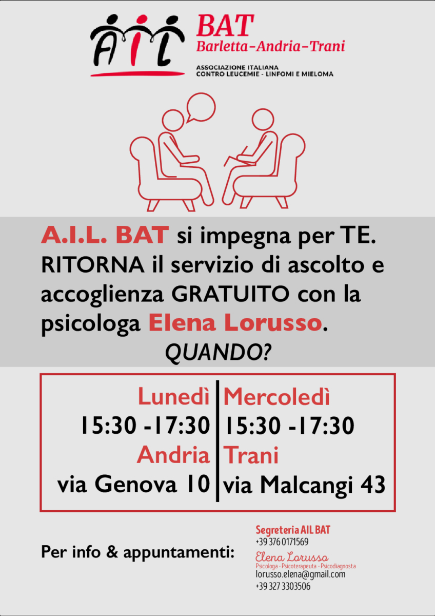 Locandina Sportello psicologico dell'AIL BAT