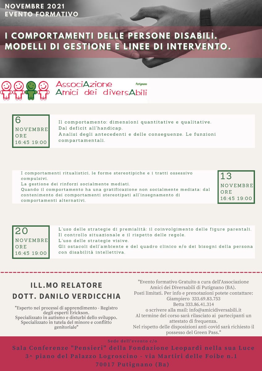 Locandina corso I comportamenti delle persone disabili. Modelli di gestione e linee di intervento 2021