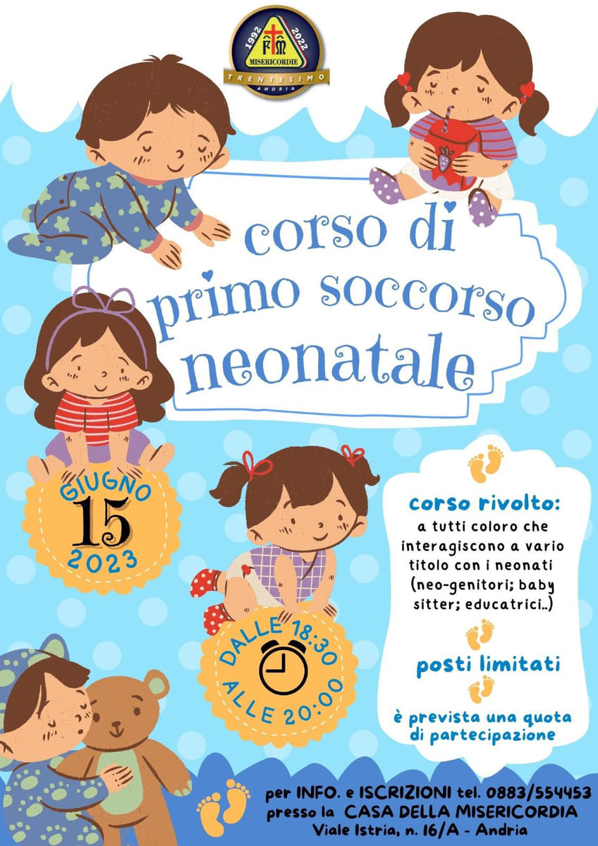 Locandina corso di primo soccorso neonatale Misericordia Andria Locandina corso di primo soccorso neonatale Misericordia Andria