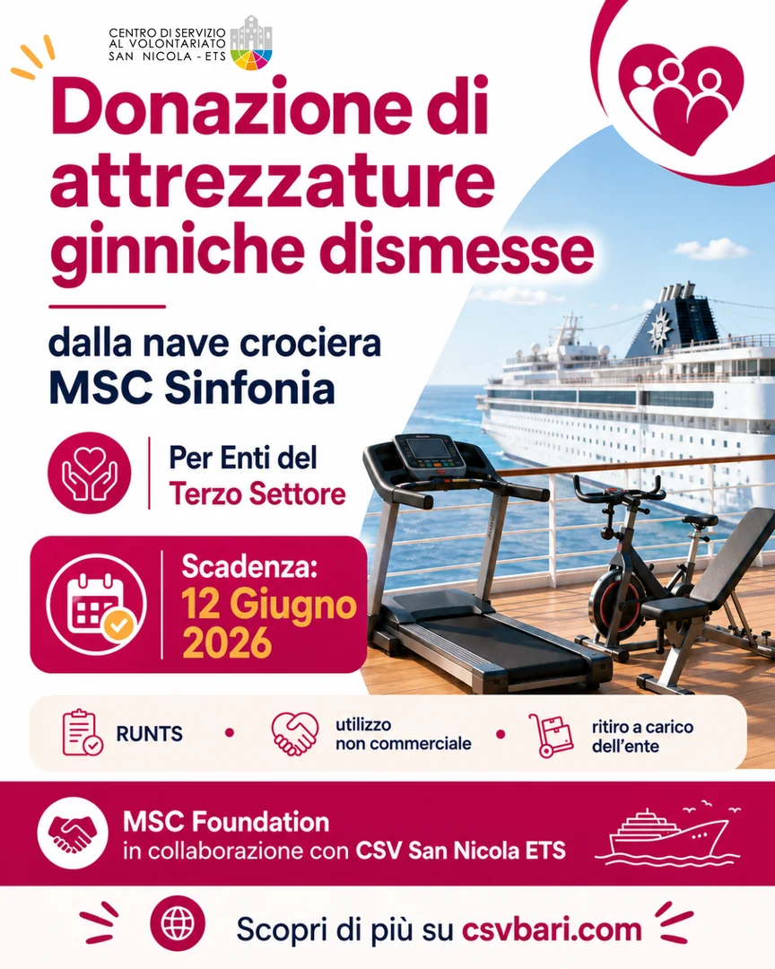 MSC Foundation, in collaborazione con il Centro di Servizio al Volontariato San Nicola ETS, dona agli enti del Terzo settore attrezzature ginniche dismesse dalla nave crociera MSC Sinfonia.