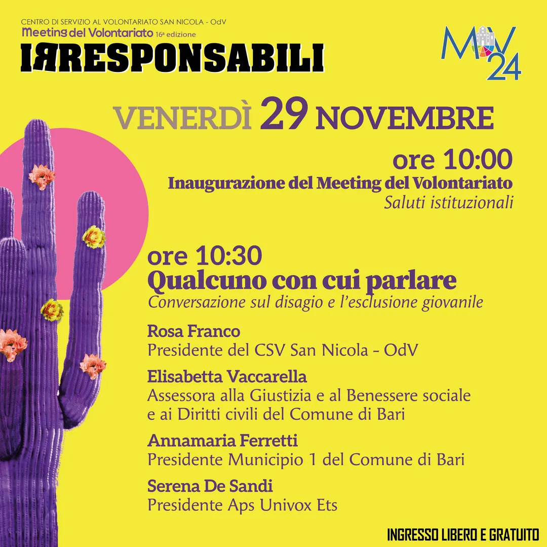 MV2024 Inaugurazione + Qualcuno con cui parlare Rosa Franco, Presidente Centro di Servizio al Volontariato San Nicola OdV Elisabetta Vaccarella, Assessora alla Giustizia e al Benessere Sociale e ai Diritti Civili del Comune di Bari Annamaria Ferretti, Presidente Municipio 1 del Comune di Bari Serena De Sandi, Presidente Associazione di Promozione Sociale Univox ETS