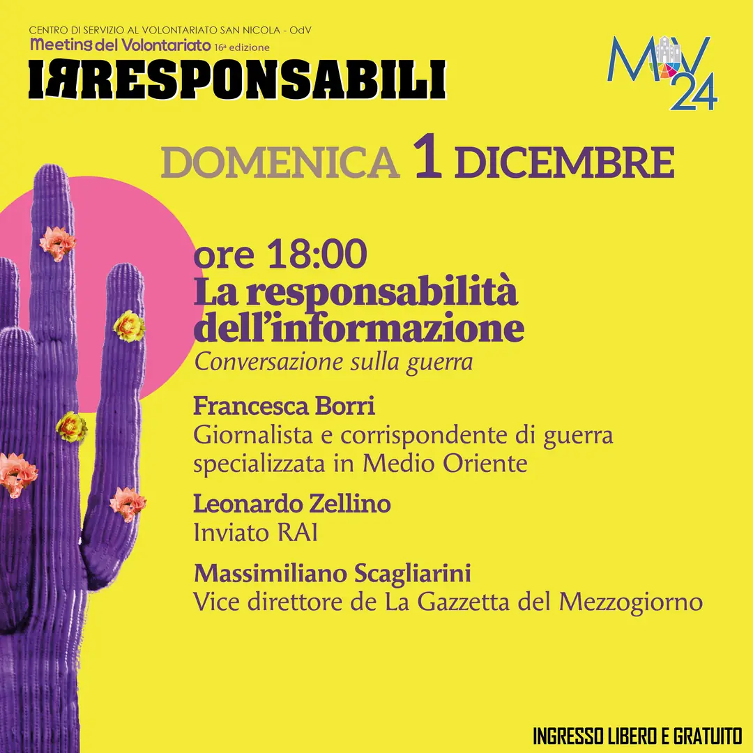 La responsabilità dell’informazione conversazione sulla guerra Francesca Borri, Giornalista e corrispondente di guerra specializzata in Medio Oriente Leonardo Zellino, Inviato RAI Massimiliano Scagliarini, Vice direttore de La Gazzetta del Mezzogiorno