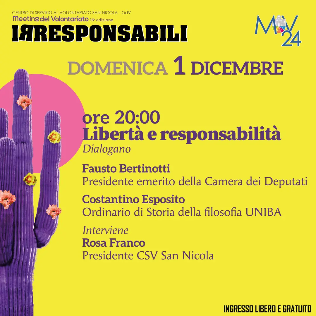 Libertà e responsabilità Dialogano Fausto Bertinotti, Presidente emerito della Camera dei Deputati Costantino Esposito, Ordinario di Storia della filosofia presso il Dipartimento DIRIUM dell’Università di Bari Aldo Moro e presso la Facoltà di Teologia nell’Università della Svizzera Italiana a Lugano