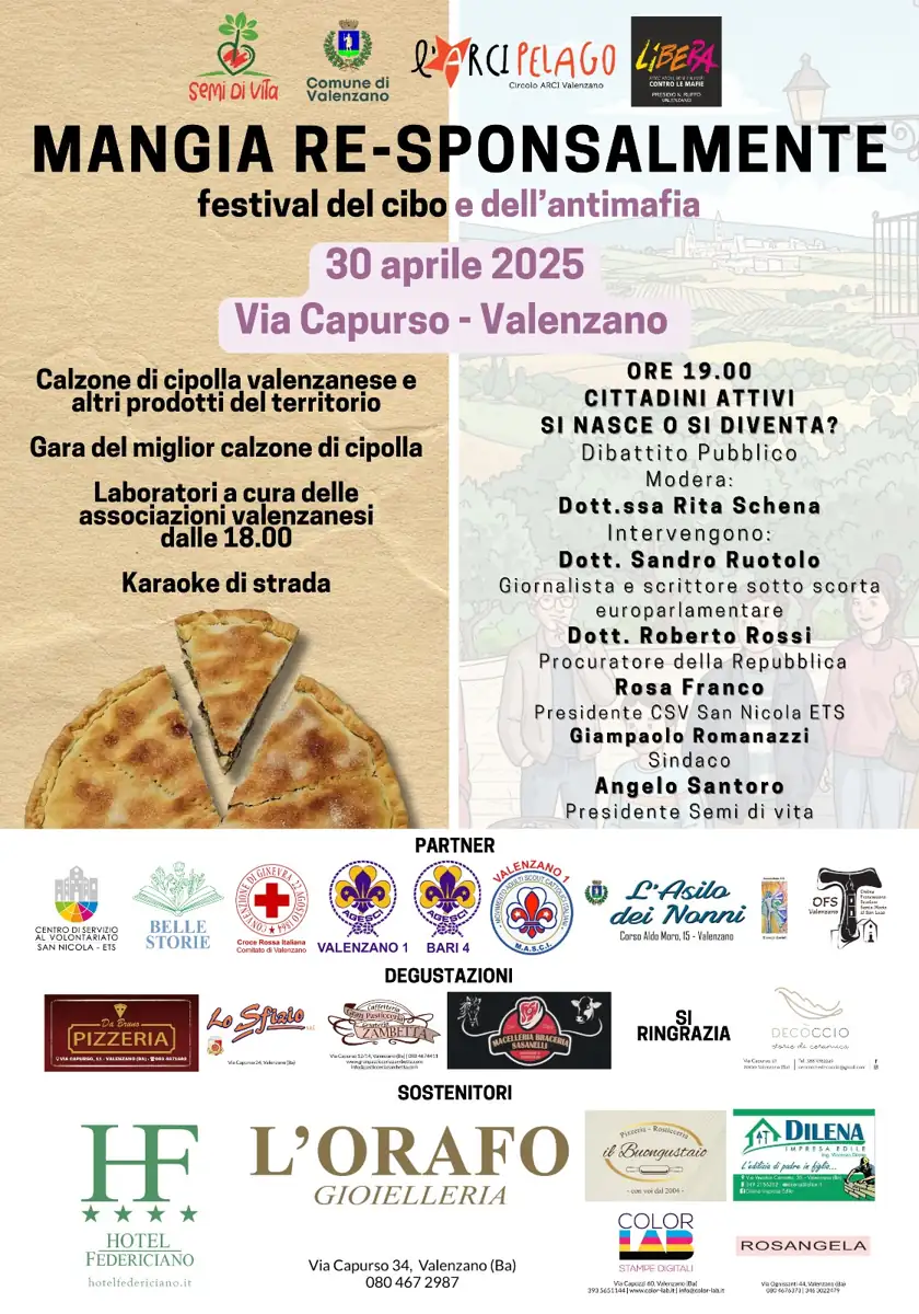 Martedì 30 Aprile 2025 dalle 19:00, Semi di Vita - Società Cooperativa Sociale presenta la seconda edizione del Festival “Mangia Re-sponsalmente”, in via Capurso 15 a Valenzano.