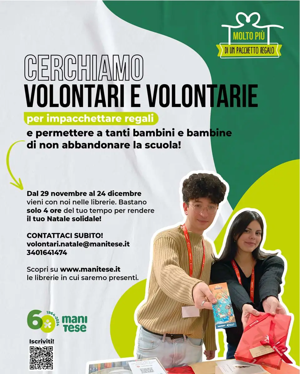 Dal 29 Novembre al 24 Dicembre 2024, Mani Tese organizza “Molto più di un pacchetto regalo!” in oltre 100 punti vendita in tutta Italia. Quest'anno, la campagna di raccolta e sensibilizzazione arriva anche nelle librerie Feltrinelli di Bari dove volontari e volontarie realizzeranno pacchetti regalo e raccoglieranno fondi per supportare le attività di Mani Tese, volte a contrastare le povertà educative e prevenire l'abbandono scolastico tra i ragazzi e le ragazze delle scuole medie in Italia.