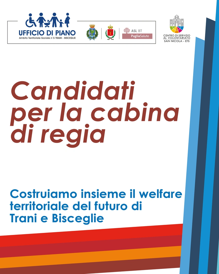 L'Ambito Territoriale Sociale di Trani e Bisceglie ha avviato una manifestazione di interesse per la raccolta delle candidature finalizzate all'individuazione del Rappresentante unitario del Terzo Settore, che entrerà a far parte della Cabina di Regia locale, organismo di governance previsto dal VI Piano Regionale delle Politiche Sociali 2026-2028.