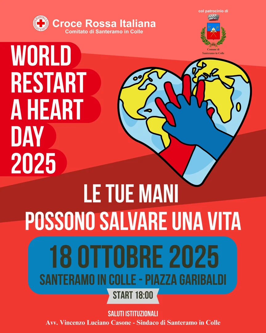 Sabato 18 Ottobre 2025 dalle 15:00 alle 21:00, Croce Rossa Italiana - Comitato di Santeramo in Colle - Organizzazione di Volontariato organizza “Le tue mani possono salvare una vita”, evento di sensibilizzazione per la diffusione delle manovre salvavita, in piazza Garibaldi a Santeramo in Colle.