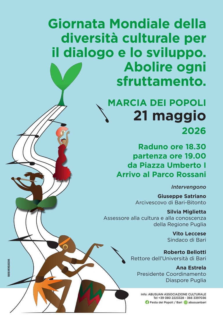 Inoltre, giovedì 21 Maggio 2026 alle 18:30, il Centro di Servizio al Volontariato San Nicola ETS partecipa con la sua presidente Rosa Franco alla Marcia dei Popoli, con partenza da Piazza Umberto I.