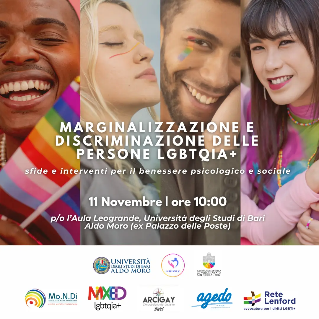 Lunedì 11 Novembre 2024 alle 10:00, Univox Aps organizza la conferenza “Marginalizzazione e discriminazione delle persone LGBTQIA+: sfide e interventi per il benessere psicologico e sociale”, presso l’Aula Leogrande dell’Università degli Studi di Bari Aldo Moro (ex Palazzo delle Poste). Evento organizzato con il partenariato del Centro di Servizio al Volontariato San Nicola OdV e in collaborazione con il Comune di Bari e l’Università degli Studi di Bari Aldo Moro.