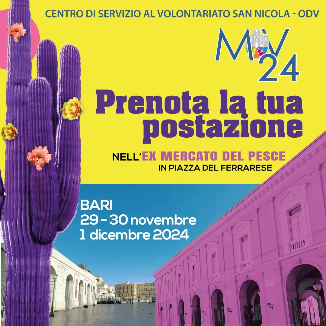 In occasione del Meeting del Volontariato 2024, 29, 30 Novembre e 1 Dicembre, il Centro di Servizio al Volontariato San Nicola OdV mette gratuitamente a disposizione degli enti del Terzo settore, delle postazioni nell'Ex Mercato del pesce in Piazza del Ferrarese a Bari.
