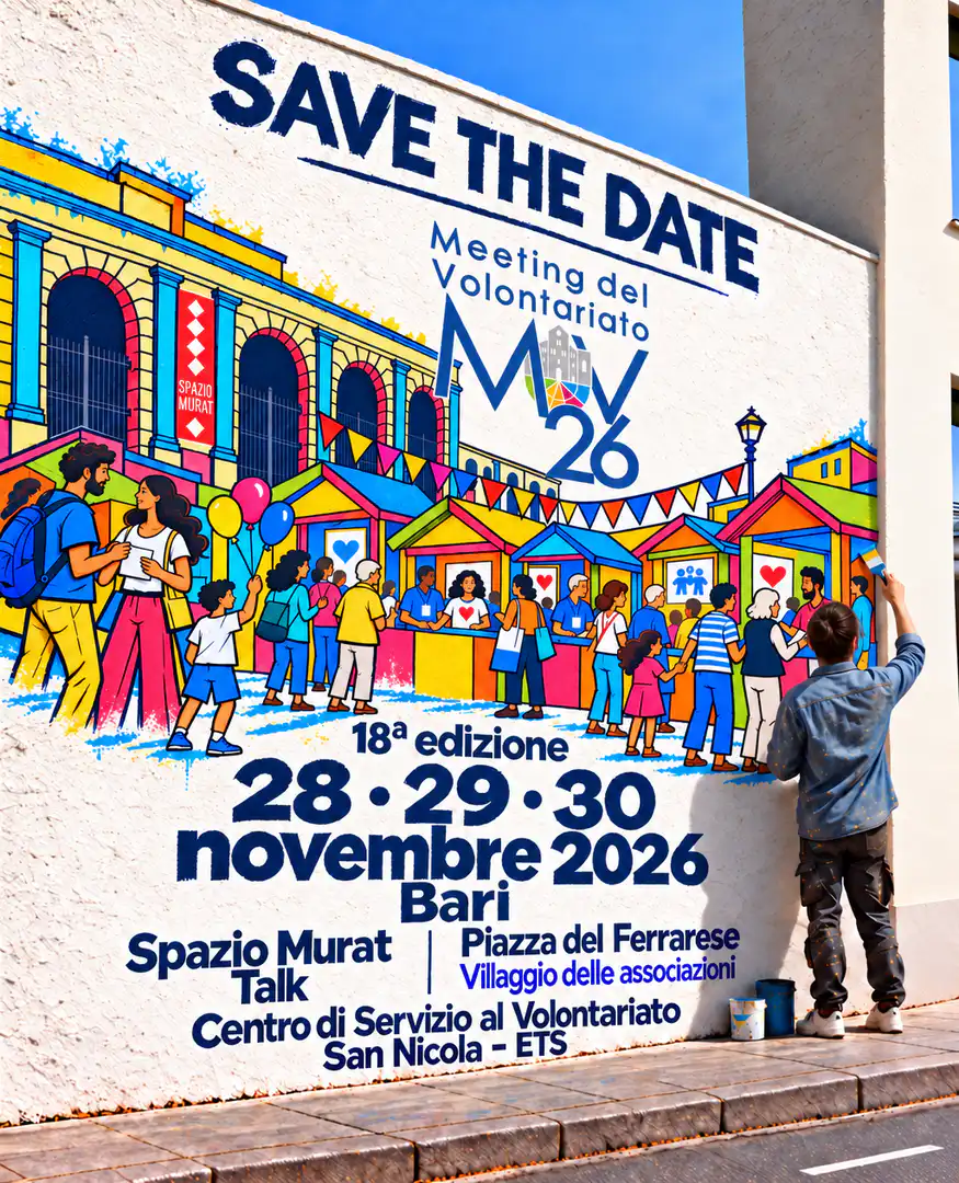 Dal 28 al 30 Novembre 2026 torna a Bari, in Piazza del Ferrarese e Spazio Murat, il Meeting del Volontariato con la sua 18ª edizione.