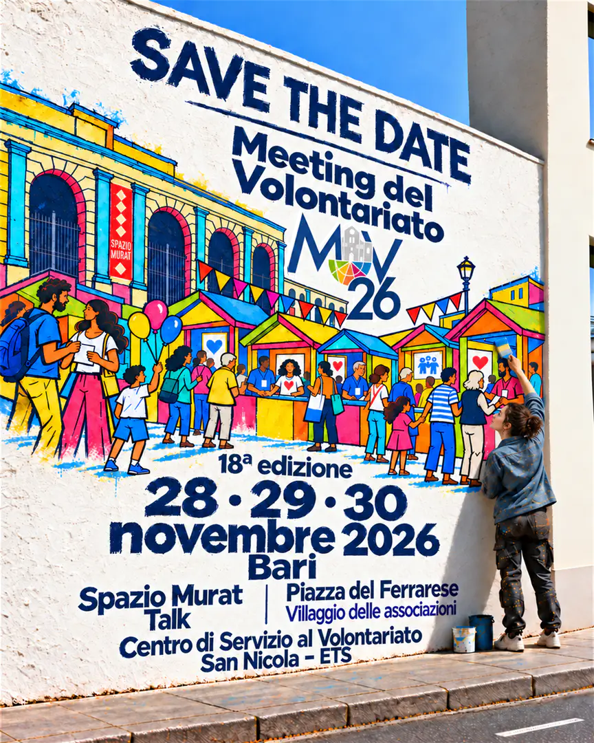 Dal 28 al 30 Novembre 2026 torna a Bari, in Piazza del Ferrarese e Spazio Murat, il Meeting del Volontariato con la sua 18ª edizione.