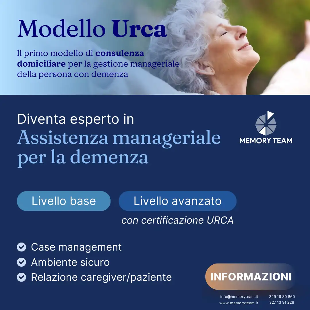 Memory Team ETS promuove il corso di formazione “Modello URCA” (Unità di Risoluzione Crisi Alzheimer) per sviluppare competenze nel campo dell’assistenza domiciliare alle persone con demenza. Al termine del programma, è possibile ottenere la certificazione e affiliarsi a Memory Team ETS per erogare consulenze domiciliari secondo il modello URCA, nel proprio territorio.