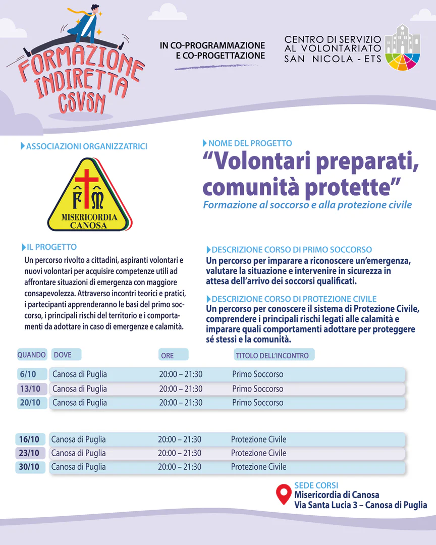 Dal 6 al 30 Ottobre 2026 dalle 20:00 alle 21:30, la Confraternita di Misericordia di Canosa di Puglia OdV organizza due corsi dedicati al primo soccorso e alla protezione civile, rivolti a cittadine, cittadini, volontarie e volontari, presso la sede dell'associazione, in via Santa Lucia 3 a Canosa di Puglia.