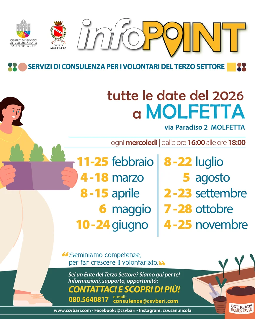 Calendario 2026 Molfetta Info point Centro di Servizio al Volontariato San Nicola ETS
