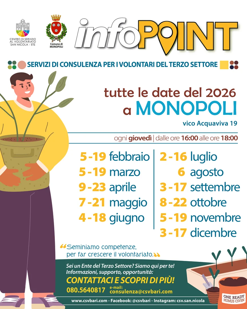 Calendario 2026 Monopoli Info point Centro di Servizio al Volontariato San Nicola ETS