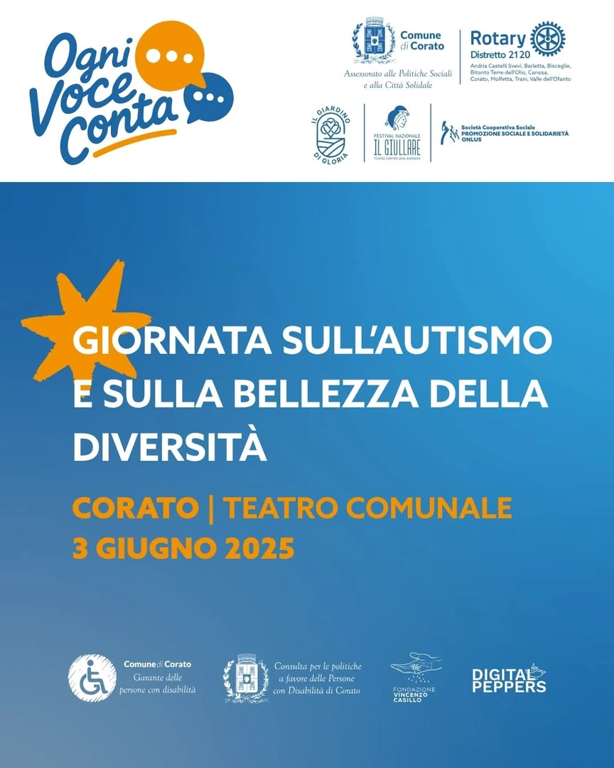 Martedì 3 Giugno 2025 è in programma al Teatro Comunale di Corato un grande evento corale “Ogni Voce Conta – Giornata sull’autismo e sulla bellezza della diversità”, un’intera giornata di incontri, confronto, arte e testimonianze, pensata per dar voce alle persone autistiche, riconoscere la diversità come risorsa e promuovere una cultura dell’inclusione sociale.