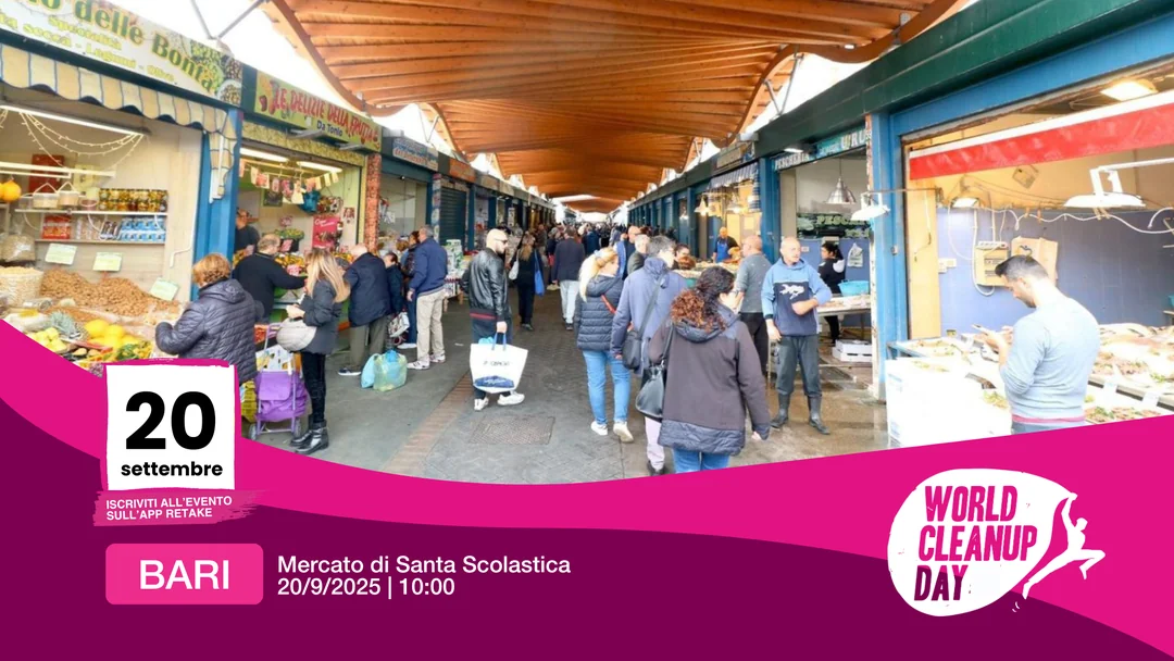 Sabato 20 Settembre 2025 alle 10:00, in occasione del World Cleanup Day 2025, la giornata mondiale dedicata alla cura e alla pulizia degli spazi comuni che si celebra contemporaneamente in tutto il mondo, la Fondazione Retake Ente del Terzo Settore organizza un evento speciale “Olimpiadi della Civiltà”, presso il Mercato di Santa Scolastica in via Giulio Petroni a Bari.