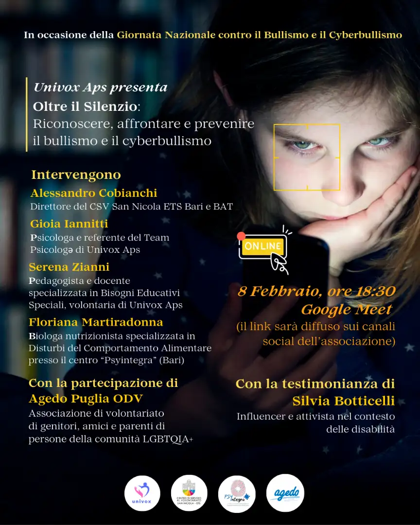 Sabato 8 Febbraio 2025 dalle 18:30 alle 20:30, APS Univox ETS organizza l’evento gratuito “Oltre il Silenzio: Riconoscere, affrontare e prevenire il bullismo e il cyberbullismo” su piattaforma Google Meet.
