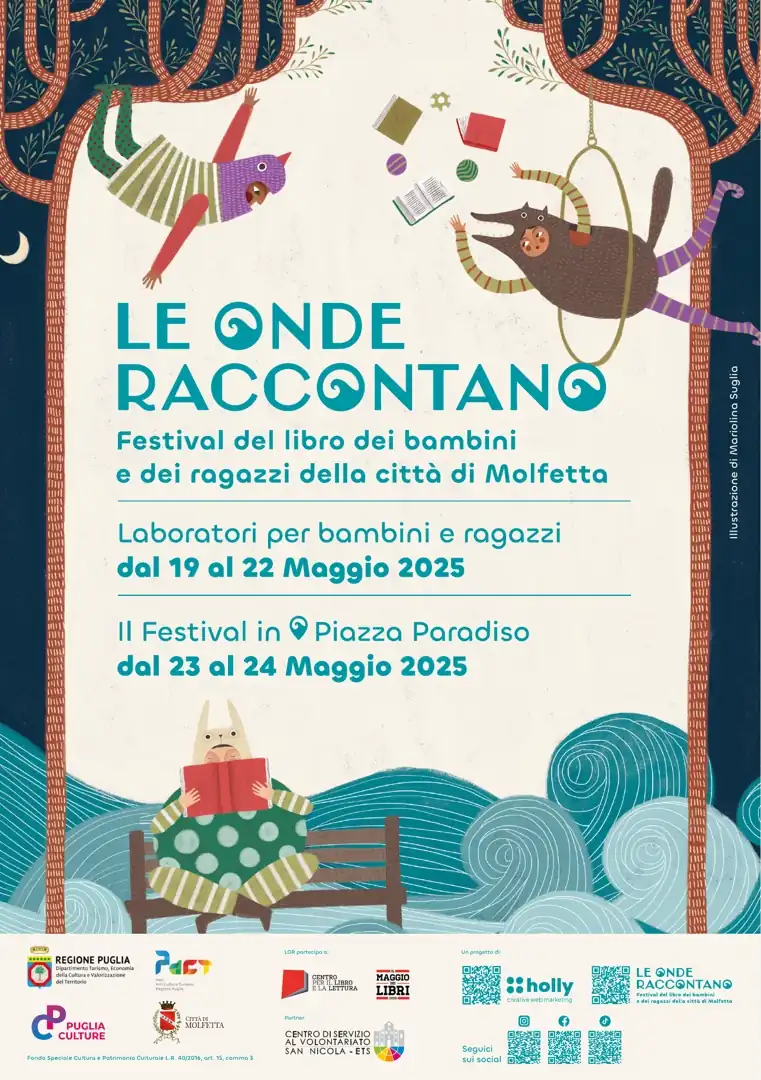 Dal 19 al 24 Maggio 2025, Holly creative web marketing organizza “Le Onde Raccontano”, il Festival del libro di bambini, bambine, ragazzi e ragazze di Molfetta. Il Festival promuove la lettura come esperienza condivisa attraverso laboratori, spettacoli e incontri. In particolare, venerdì 23 e sabato 24 Maggio, “Le Onde Raccontano” approda in piazza Paradiso