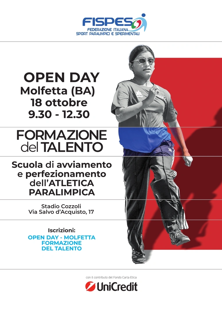 Sabato 18 Ottobre 2025 dalle 9:30 alle 12:30, FISPES – Federazione Italiana Sport Paralimpici e Sperimentali organizza un Open Day nello Stadio Cozzoli, in via Salvo d’Acquisto 17 a Molfetta, per presentare il nuovo polo interregionale che promuove lo sport come diritto di tutti e lo diffonde tra i giovani con disabilità, in particolare nell’ambito dell’atletica paralimpica.