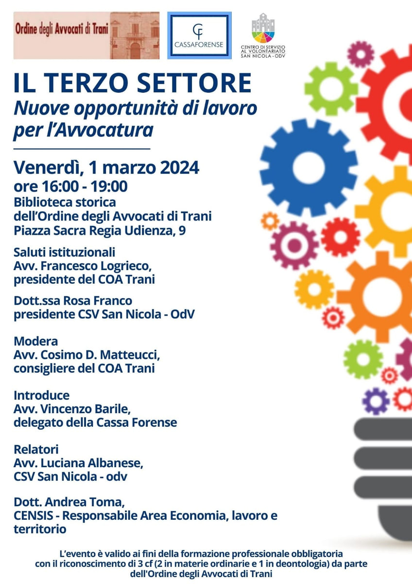 Ordine Avvocati Trani Terzo settore nuove opportunità lavoro