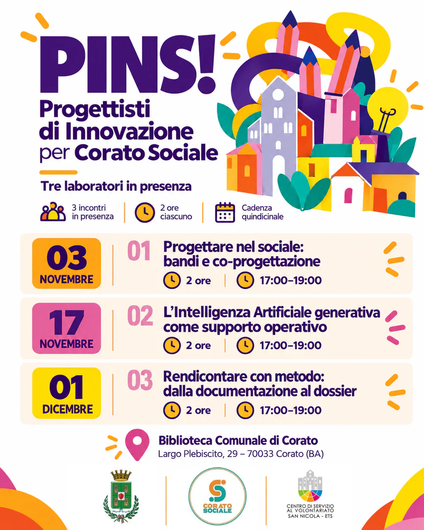 Dall’esperienza della Scuola di progettazione “PINS – Progettisti di Innovazione Sociale” del Centro di Servizio al Volontariato San Nicola ETS, prende il via una nuova iniziativa territoriale “PINS! – Progettisti di Innovazione per Corato Sociale”, dedicato alle associazioni e agli Enti del Terzo Settore di Corato.