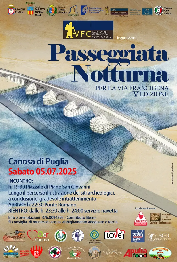 Sabato 5 Luglio 2025 a partire dalle 19:30, torna, per il quinto anno consecutivo, uno degli appuntamenti più suggestivi dell’estate, la “Passeggiata Notturna per la Via Francigena”, un’esperienza unica tra storia, natura e convivialità. Appuntamento presso il piazzale di via Piano San Giovanni a Canosa di Puglia, dove sarà possibile parcheggiare.