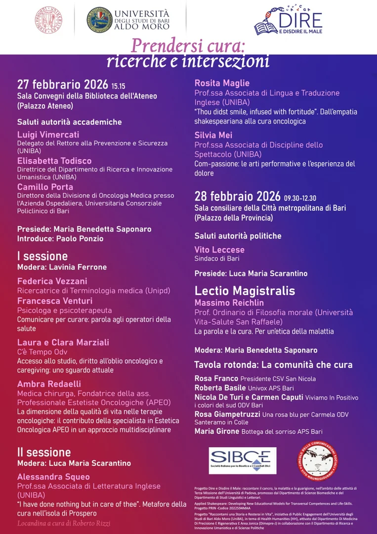 Venerdì 27 e sabato 28 Febbraio 2026, l'Università degli Studi di Bari Aldo Moro promuove il convegno “Prendersi cura: ricerche e intersezioni”.