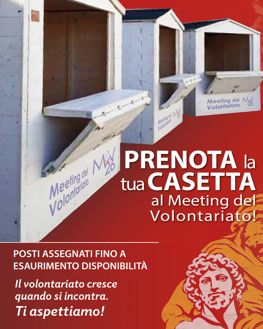 In occasione del Meeting del Volontariato 2026, dal 28 al 30 Novembre, gli Enti di Terzo Settore delle province di Bari e BAT Comuni Storici (Andria, Barletta, Trani, Bisceglie, Canosa di Puglia, Minervino Murge, Spinazzola) possono prenotare una casetta e partecipare al Villaggio delle Associazioni in Piazza del Ferrarese a Bari.