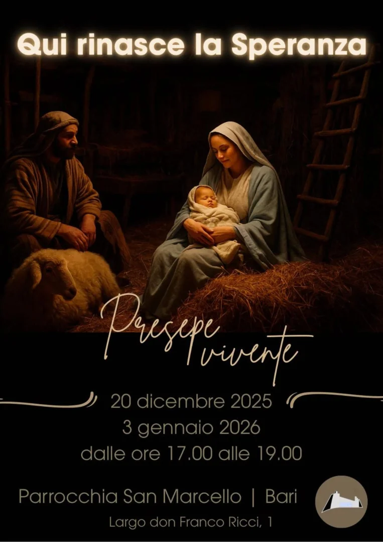 Sabato 20 Dicembre 2025 e 3 Gennaio 2026 dalle 17:00 alle 19:00, la Parrocchia San Marcello organizza il Presepe vivente “Qui rinasce la speranza”, presso la Chiesa di San Marcello di Bari con ingresso da via Giustino Fortunato. Ingresso gratuito, con possibilità di lasciare un’offerta libera.