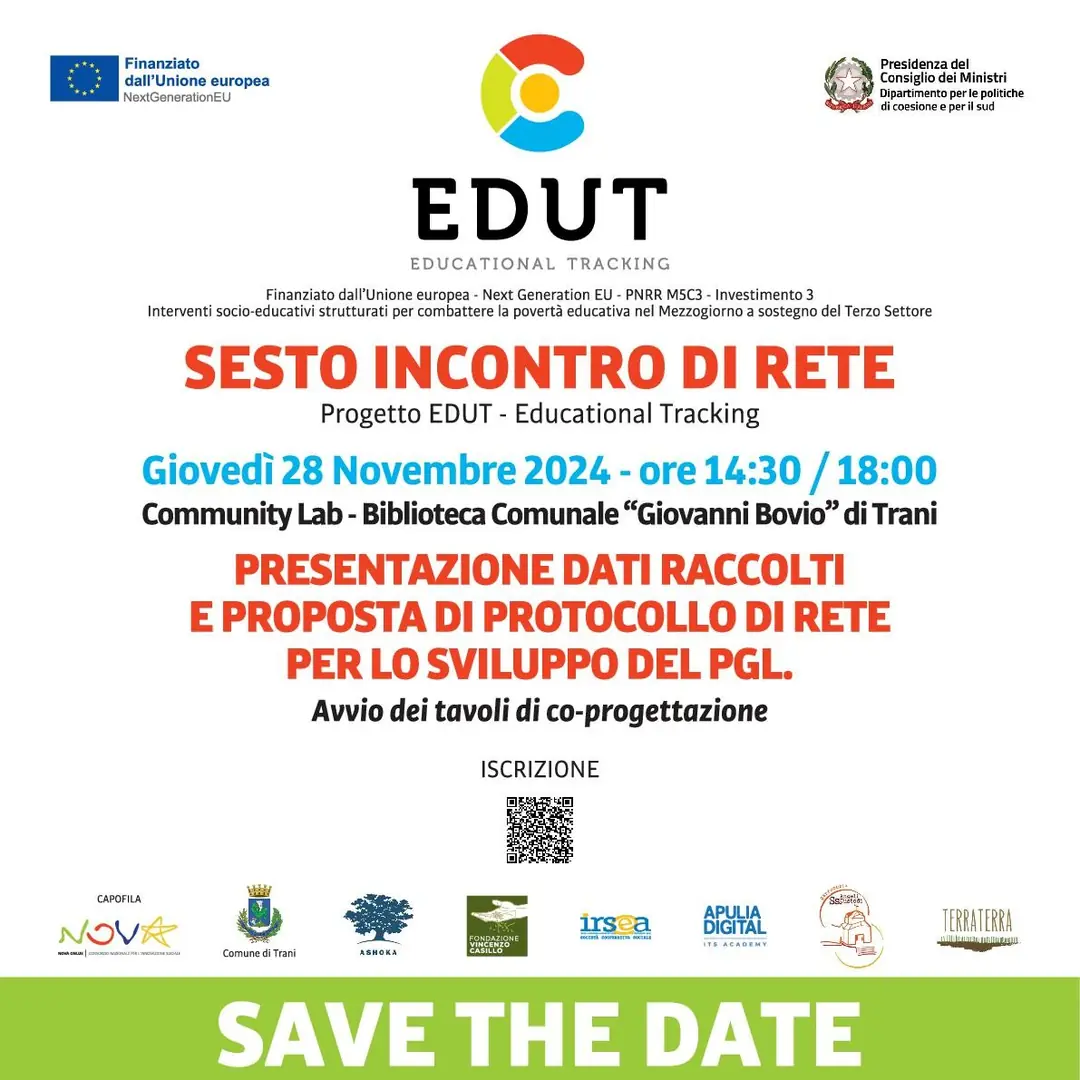 Giovedì 28 Novembre 2024 dalle 14:30 alle 18:00, nell’ambito del progetto EDUT – Educational Tracking, Nova Onlus Consorzio di Coop. Soc., in qualità di ente capofila, promuove il sesto incontro di rete “Presentazione dati raccolti e proposta di protocollo di rete per lo sviluppo del Piano Generativo Locale. Avvio dei tavoli di co-progettazione”, nella Sala Community Lab della Biblioteca Comunale “Giovanni Bovio” di Trani.