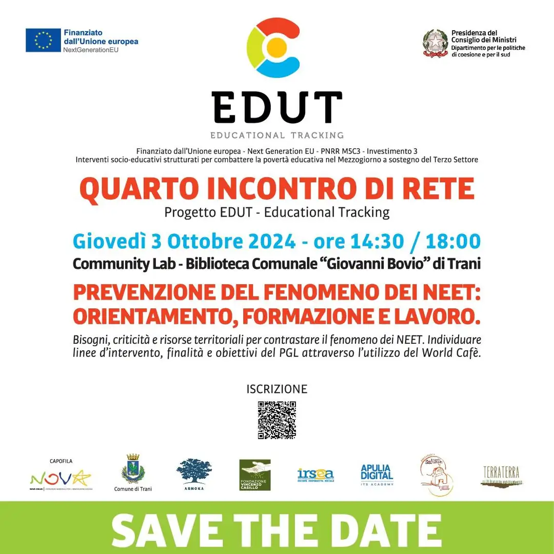 Giovedì 3 Ottobre 2024 dalle 14:30 alle 18:00, nell’ambito del progetto EDUT – Educational Tracking, Nova Onlus Consorzio di Coop. Soc., in qualità di ente capofila, promuove il quarto incontro di rete dal titolo “Prevenzione del fenomeno dei Neet: orientamento, formazione e lavoro – Bisogni, criticità e risorse territoriali per contrastare il fenomeno dei NEET. Individuare linee d’intervento, finalità e obiettivi del PGL attraverso l’utilizzo del World Cafè”, nella Sala Community Lab della Biblioteca Comunale “Giovanni Bovio” di Trani.