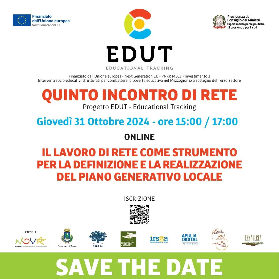 Giovedì 31 Ottobre 2024 dalle 15:00 alle 17:00, nell’ambito del progetto EDUT – Educational Tracking, Nova Onlus Consorzio di Coop. Soc., in qualità di ente capofila, promuove il quinto incontro di rete on line dal titolo “Il lavoro di rete come strumento per la definizione e la realizzazione del Piano Generativo Locale”, nella Sala Community Lab della Biblioteca Comunale “Giovanni Bovio” di Trani.