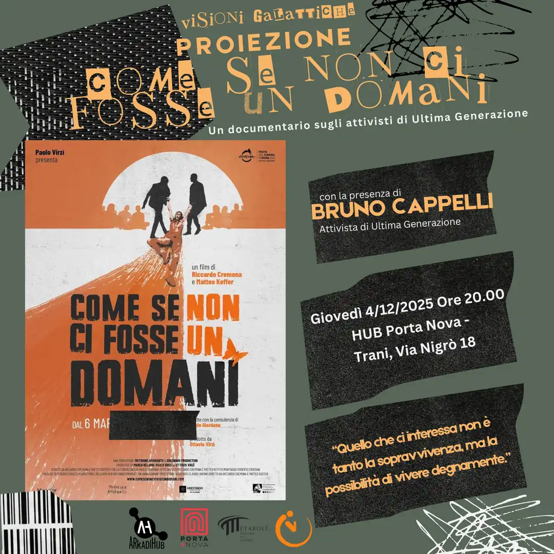 Giovedì 4 e venerdì 5 Dicembre 2025, l’HUB Porta Nova, in via Nigrò 18 a Trani, ospita due appuntamenti della rassegna “Visioni Galattiche – Cultura in Movimento”, pensati per raccontare chi sono, come si sono evoluti e che cosa chiedono oggi i movimenti ecologisti.